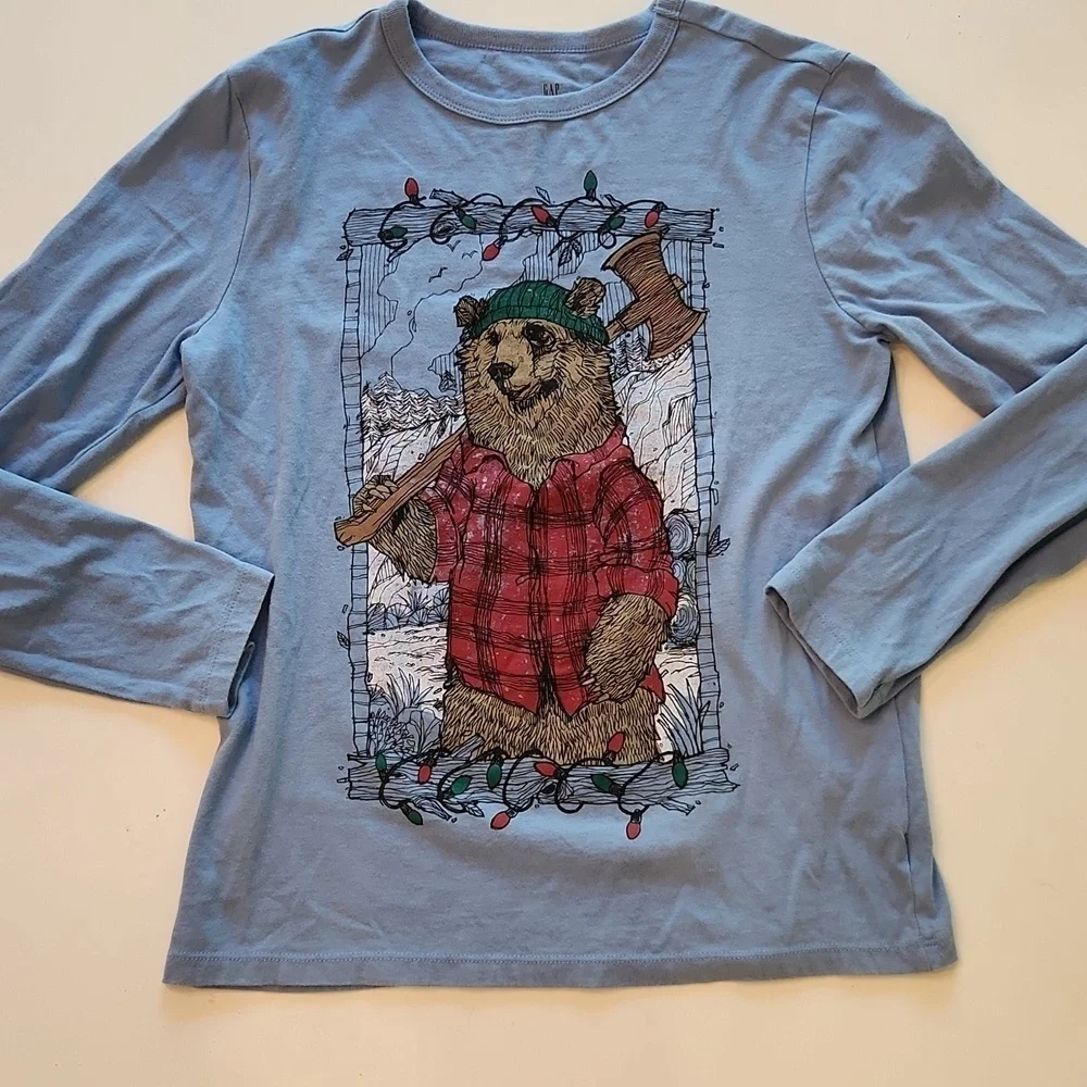 Gap Christmas Bear Graphic Long Sleeve Shirt Blue Plaid Large